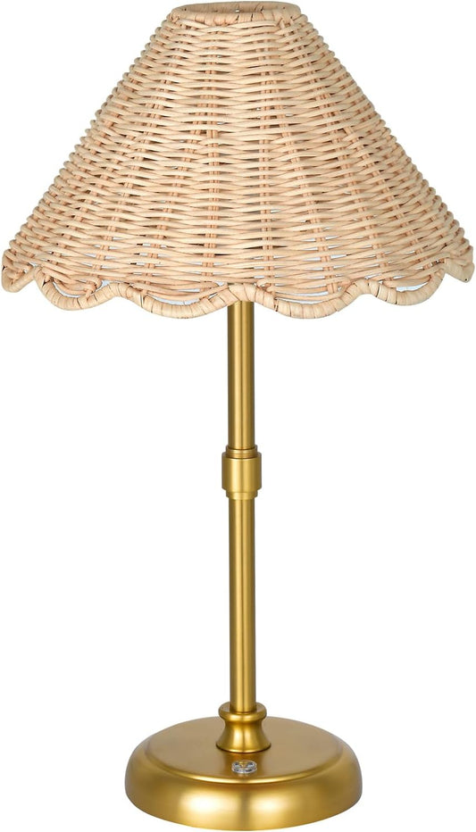 Cordless Boho Rattan Table lamp, 5200-mAh Rechargeable Battery, 3-level Brightness Dimmable, Build-in Integrated LED 320 Lumen Max, Rattan Shade, for Bedside Restaurant Resort Hotel Dining Table