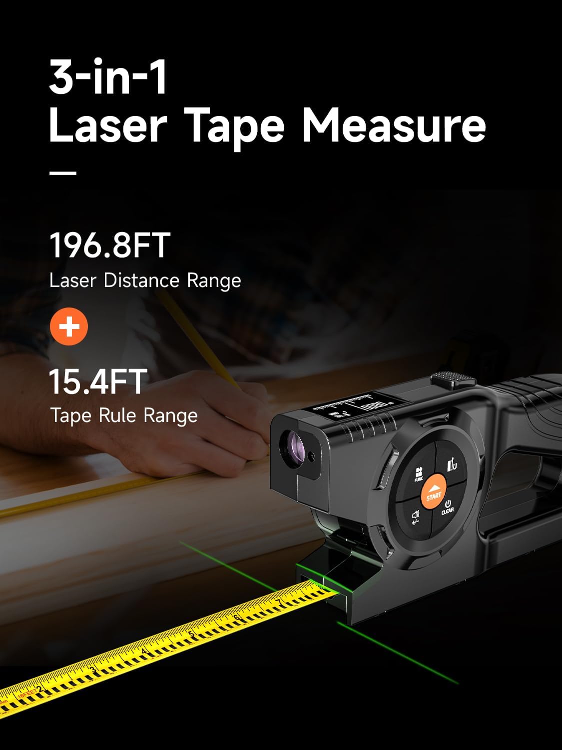 3-in-1 Digital Tape Measure, 196Ft Laser Measurement Tool & Auto Lock Tape with Instant Digital Readout and Green Laser Extension, Measuring List with Memory