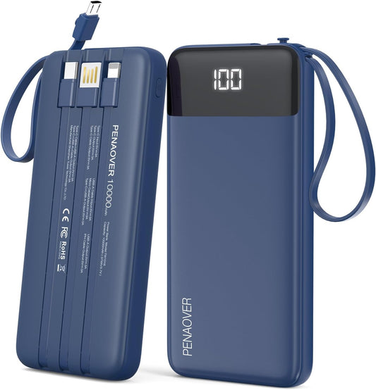 Portable Charger Built-in Cables,10000mAh Fast Charge Power Bank for iPhone | LED display, 0.64in Ultra Slim, Charge 5 Devices at Once, TSA Approved Travel Essential for iPhone/Samsung/iPad/Android