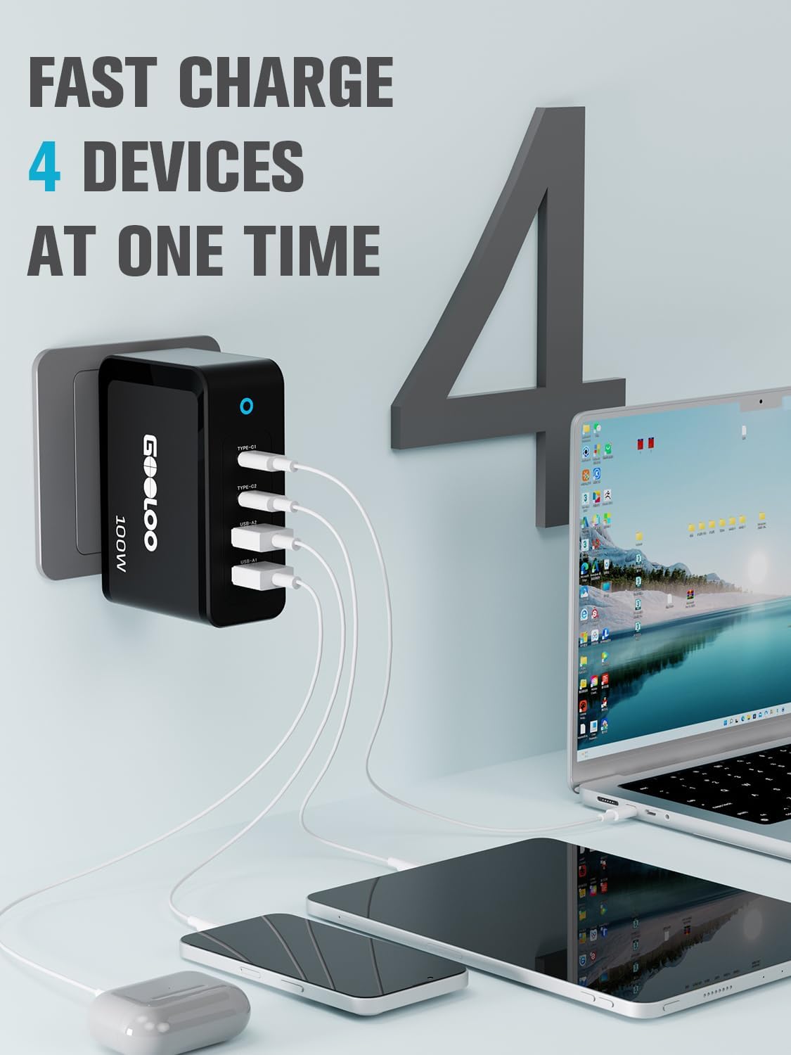 GOOLOO 100W USB C Charger Block - 4-Port Foldable Compact Fast Wall Charger | For MacBook Pro/Air/iPad/iPhone Series and More - SuperSafe Power Adapter for GT3000/GT4000S/GT6000/A7 Jump Starters