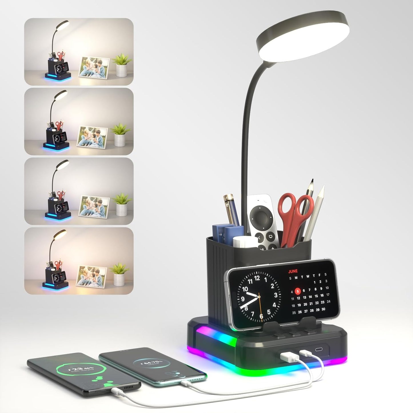 KDD 5 in 1 Desk Lamp with Charging Ports, 9 RGB Modes Gaming Table Light | Pen & Phone Holder, 360°Adjustable Gooseneck Desktop Lights, Dimmable Table Lamp for Home Office College Dorm Room