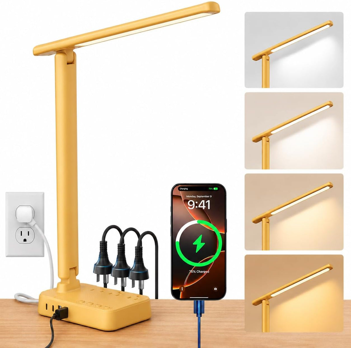 LED Desk Lamp with Power Strip, 3 AC Outlets, 4 USB Ports, Stepless Dimming