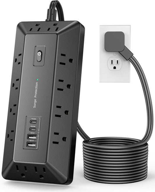 6 Ft Power Strip with Surge Protector 1800J, Extension Cord with Multiple Outlets 12AC+4USB(2USB-C Port for 20W), Flat Plug Outlet Extender with 1625W/13A for Laptop, Desk, Home Office Dorm