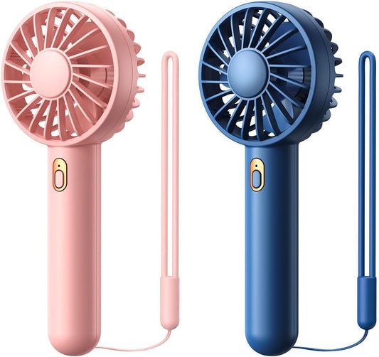 Warmco Mini Portable Fan 2-Pack - 3 Speed Rechargeable Handheld & Desk Fan with Base, Compact Cooling for Travel, Makeup, Summer Gift (Blue & Pink) | 2 Pack Blue Pink, 3 Speeds, Handheld Desk Use, Detachable Base, Summer Gift