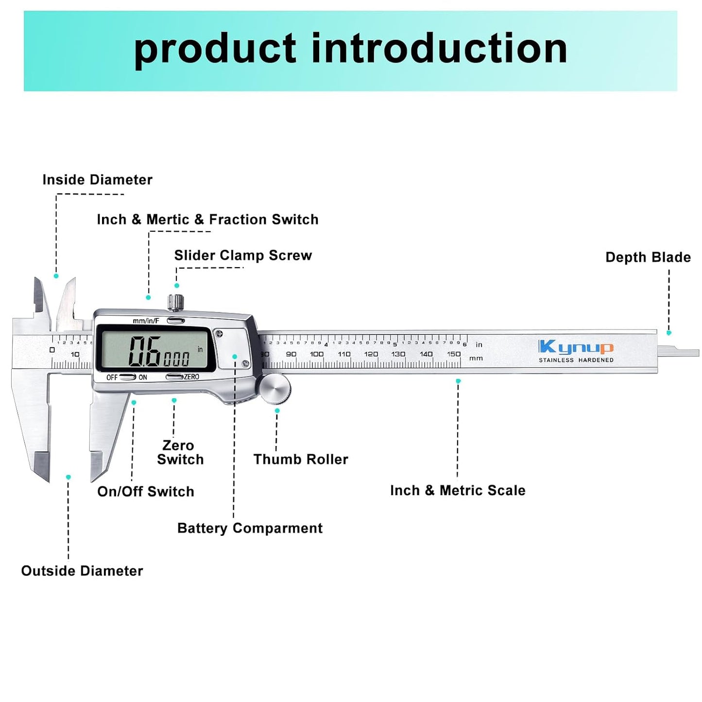 Kynup Digital Caliper, Caliper Measuring Tool, Micrometer, Full Turn Off | Auto-Off Feature, Stainless Steel, Large LCD Screen, Switch from Inch/Metric/Fraction, Black(6Inch/150MM)
