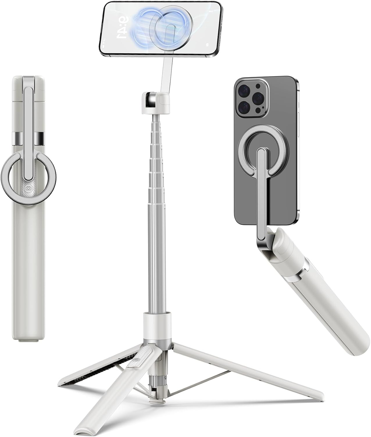 TONEOF 68" Magnetic Aluminum Phone Tripod Selfie Stick for iPhone & Android | Rechargeable Remote,360° Rotatable Foldable Cell Phone Stand Holder with Metal Ring,Travel Tripod for Magsafe (Beige Gray)