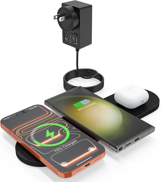 ZealSound 3-in-1 Wireless Charging Pad, Fast Charger Mat with 36W Adapter for iPhone 17/16/15, Samsung Galaxy, Pixel, AirPods & Galaxy Buds, Ultra Slim Case Friendly PU Leather for Home Office Travel
