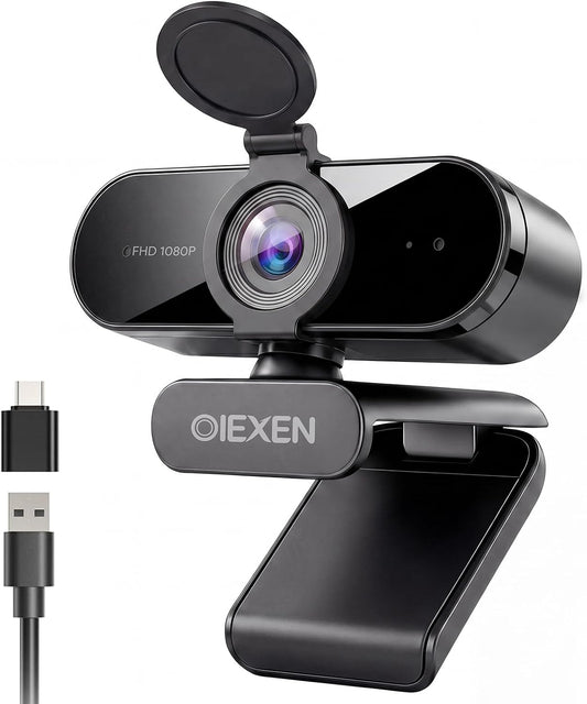 1080P Webcam with Microphone Noise Reduction Auto Exposure | 90°FOV Wide Angle Privacy Cover,USB-A to C Adapter,Plug & Play Streaming Camera for PC/Mac/Switch 2,Zoom/Teams/Skype/Meetings