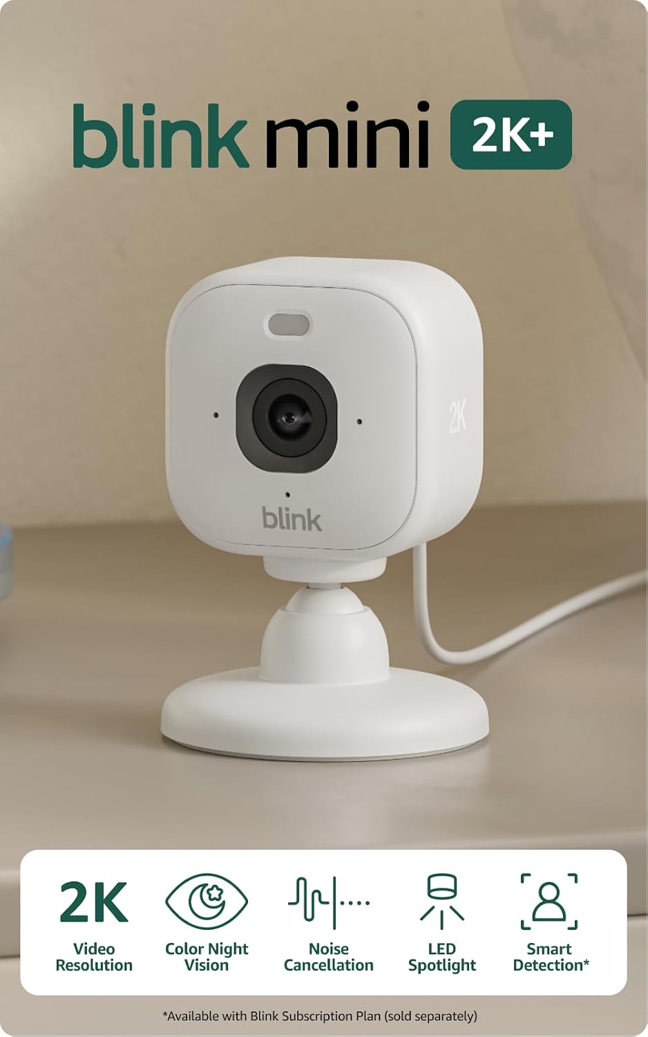 Blink Mini 2K+ (newest model) – Plug-in Home &amp; Pet Indoor Security Camera with 2K video resolution, night vision, enhanced audio, motion detection – 2 cameras (White)