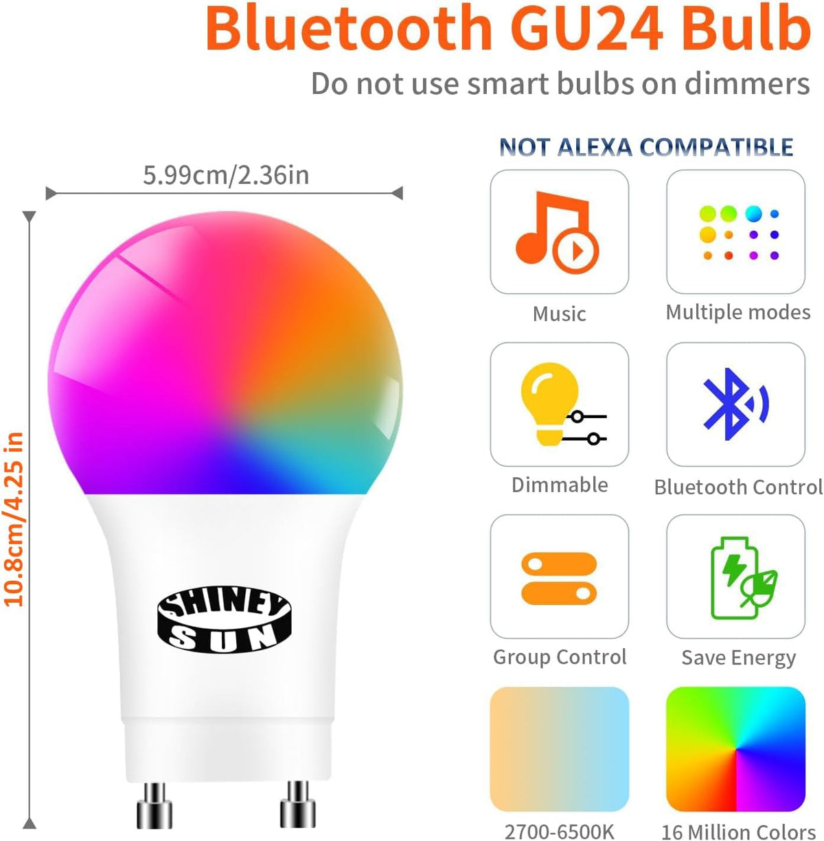 GU24 Bluetooth Led Light Bulb 2 Prong 12W 1200LM 4Pack