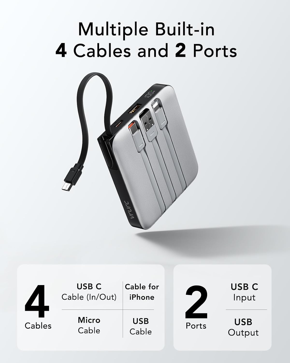 VRURC Portable Charger with Built-in Cables, 10000mAh 22.5W Fast Charging | Compact Battery Pack with LED Display, Cell Phone Power Bank for iPhone 17/16/15 Series , Samsung Galaxy & USB-C Devices,Grey