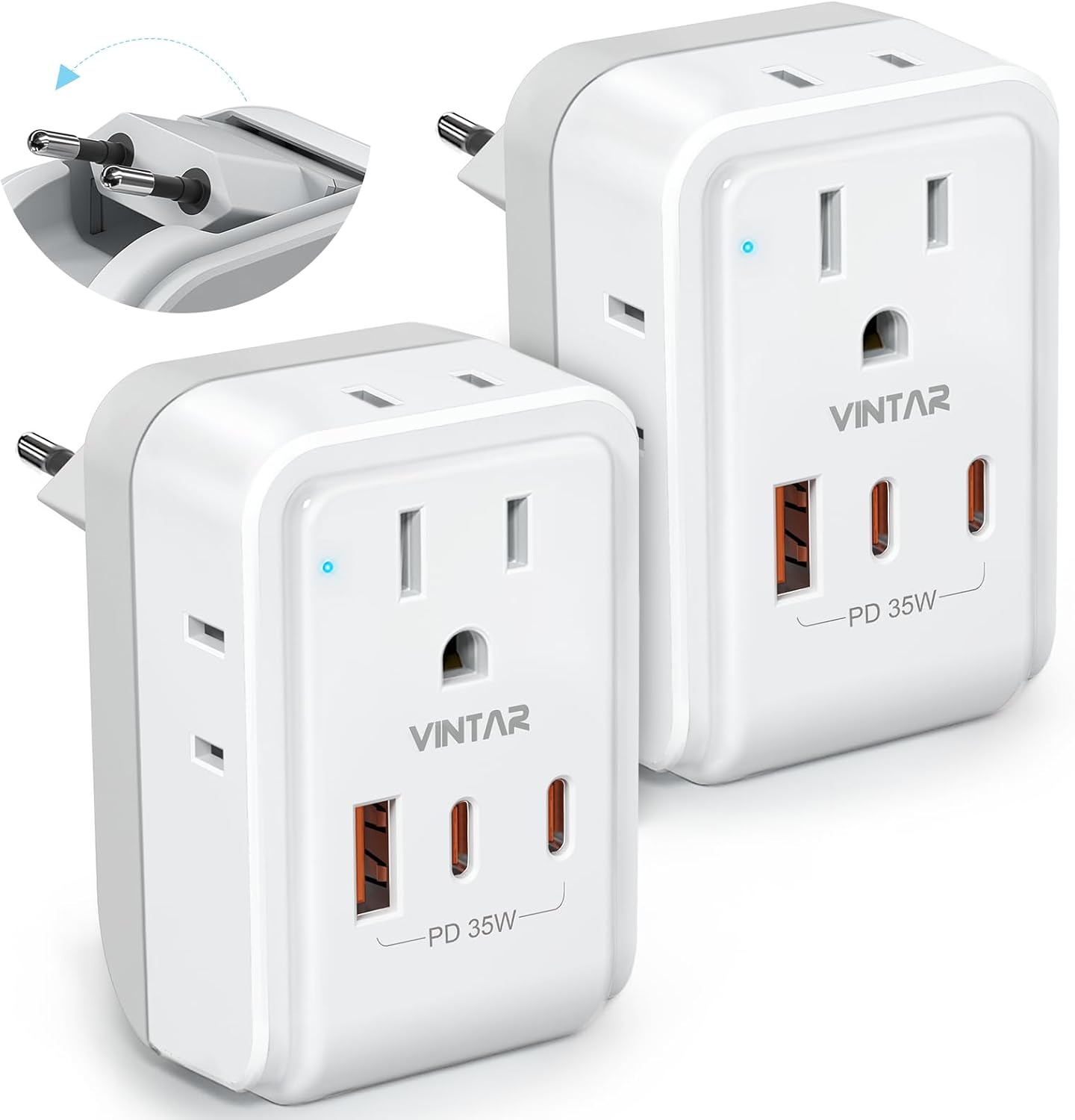 VINTAR 2 Pack European Travel Plug Adapter, Type C Foldable Power Adaptor | 2 AC Outlets 3 USB Charging Ports(2 USB C), International Power Adapter for US to Most Europe EU Italy Spain France Germany
