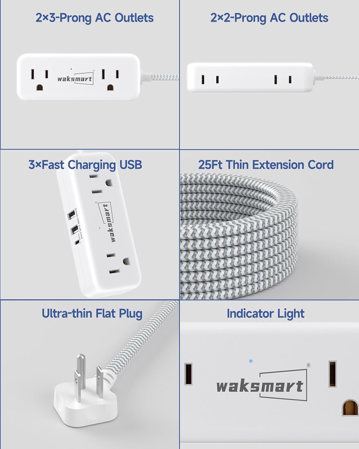 Flat Plug 25 FT Extension Cord with 4 AC Outlets | Long Braided Extension Cord, 3 USB Ports (5V/3.4A 17W) for Home Office Dorm