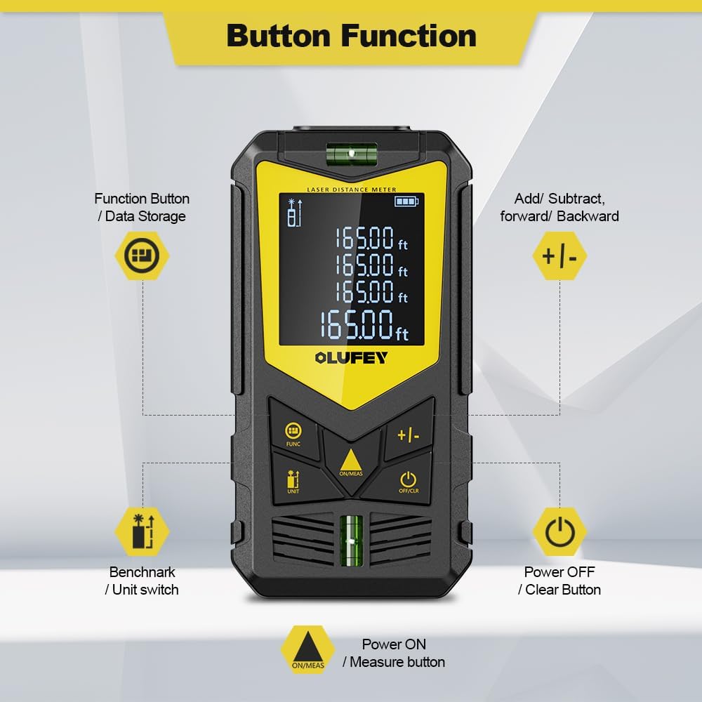 Laser Measure, OLUFEY 165ft Laser Distance Meter with 2 Bubble Levels, Black LCD Display and Pythagorean Mode, Measure Distance, Area and Volume