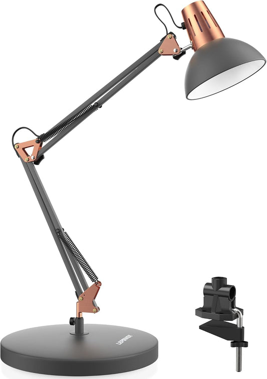 LEPOWER Metal Adjustable Desk Lamp with Clamp, Swing Arm for Home Office | Gooseneck, Architect Style, Eye-Caring Table Lamp, On/Off Switch, E26 Base, Reading for Dorm, Bedroom, Study, Back to School