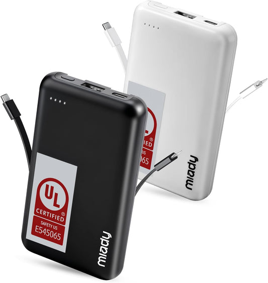 Miady UL Listed 2-Pack Small Portable Charger 5000mAh Power Bank for Travel | 18.5Wh丨Built-in 2 Cables丨3 Outputs 2 Inputs丨Compatible with iPhone Android etc丨Flight-Safe丨for Backpack Campingl丨Black+White