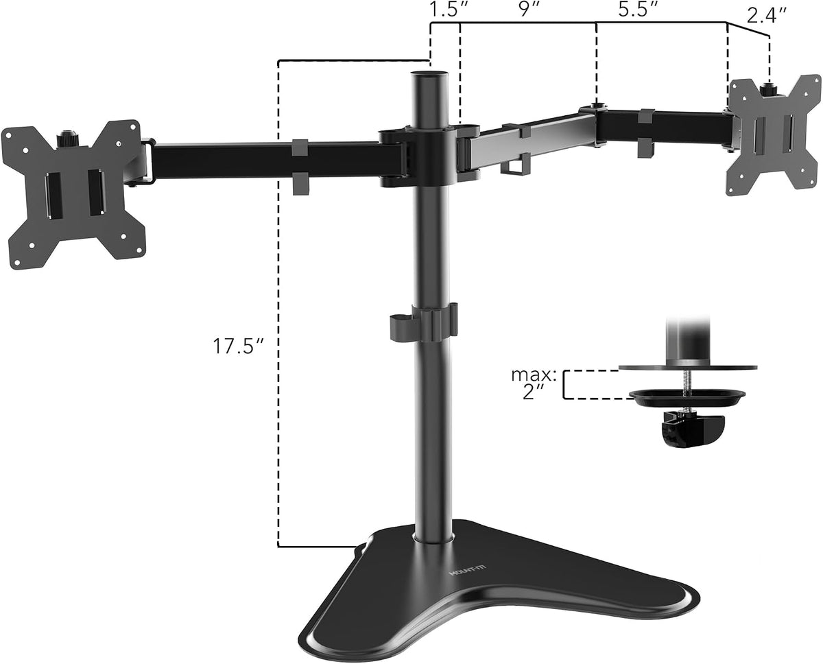Mount-It! Dual Monitor Stand, Premium Adjustable Desk Mount for Two 13–32 Inch Screens up to 17 lbs Each, Full Motion Swivel Tilt Rotate Height Adjustable Arms, VESA 75x75 100x100, Steel Base