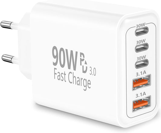 European Travel Plug Adapter USB C, KYOHAYA 90W 5-Port European Charger USB C Charger Type C Wall Fast Charging US to Europe Adapter for iPhone 17 16 15 14 13 12 11 Pro Max XS X, Galaxy, iPad, Android