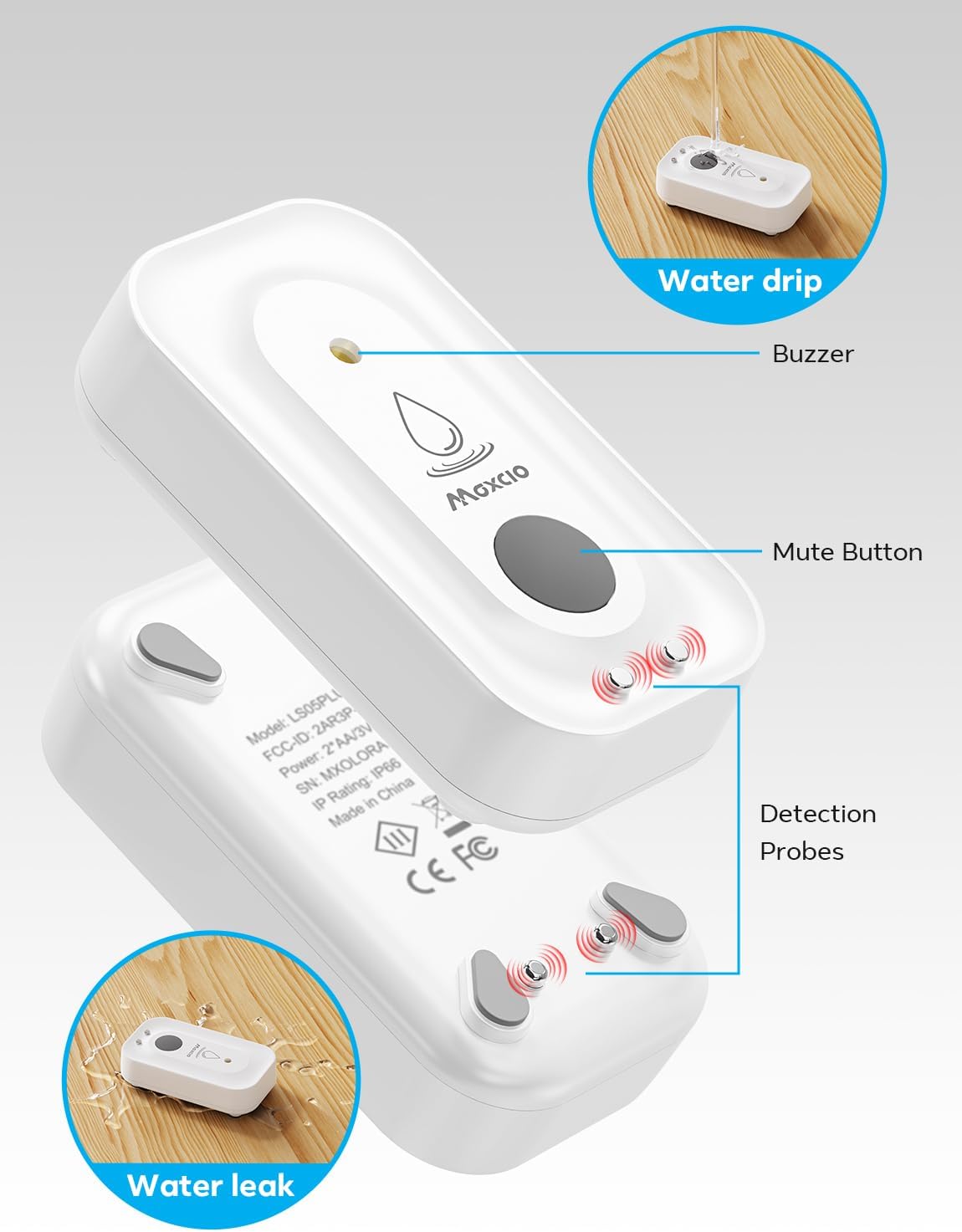MAXCIO Wi-Fi Water Leak Detector, Smart Water Wireless Sensor with 110dB Adjustable Alarm, APP, SMS, Phone Notifications, 1640ft Transmission Range, Suitable for Basement, Bathroom and Kitchen