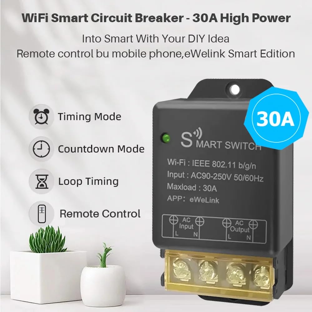 Ewelink 30A Hight Power WiFi Smart Switch 110V/120V/240V, APP Remote with Timer, Wireless DIY Mode for Home Automation, Compatible with Alexa & Google Home