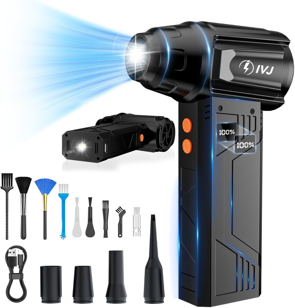 IVJ 180000RPM Cordless Electric Compressed Air Duster | 4 Gear Adjustable Mini Air Duster with LED Light, Dust Blower for Computer, Keyboard, House, Outdoor and Car