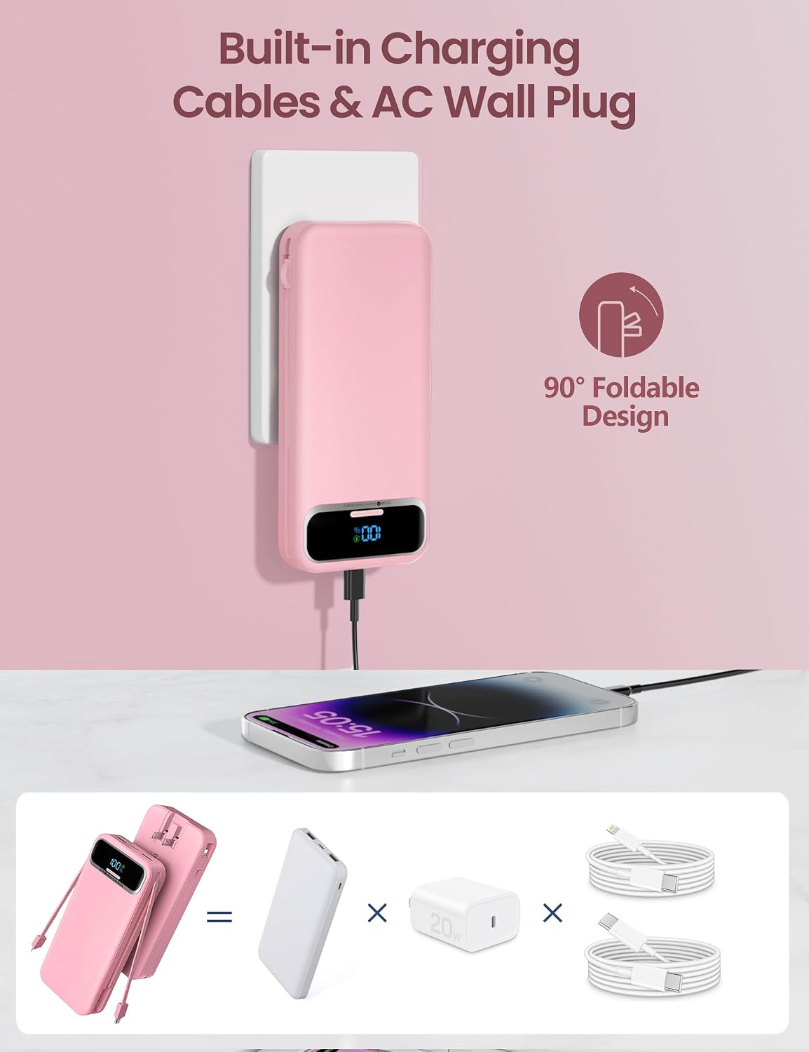 aonidi Portable Charger 12000mAh with Built-in Cables&AC Wall Plug, Pink | PD20W USB C Fast Charging,LED Display External Travel Power Bank,TSA approved Battery Pack for All iPhone,Samsung,Android