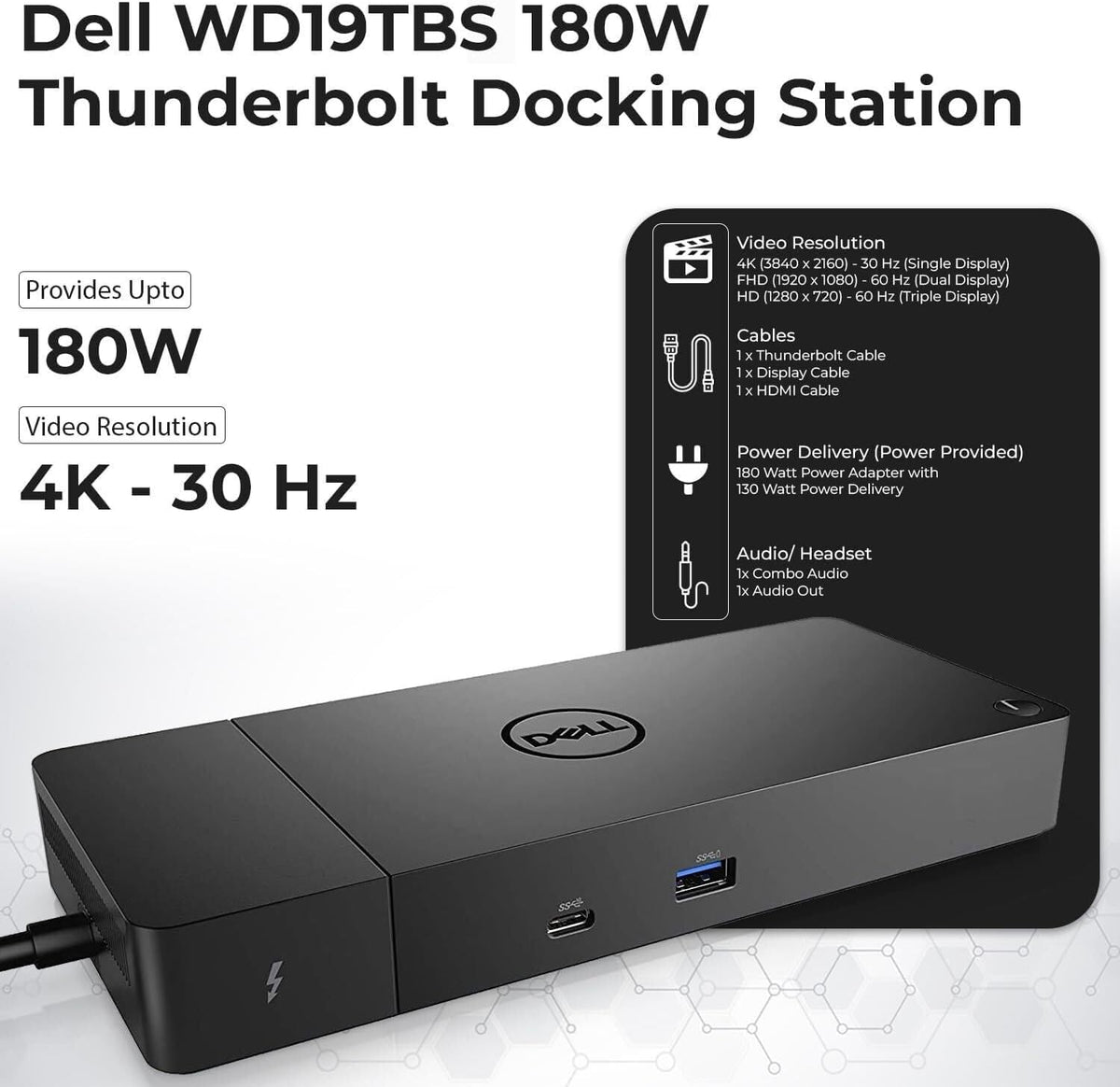 Dell WD19TBS Thunderbolt Dock Bundle - 4K Display, 1 Year Warranty, Dell Docking Station Dual Monitor with 180W Adapter, Anyhdd HDMI, DisplayPort, Thunderbolt Cable - Laptop & Computer Docking Station