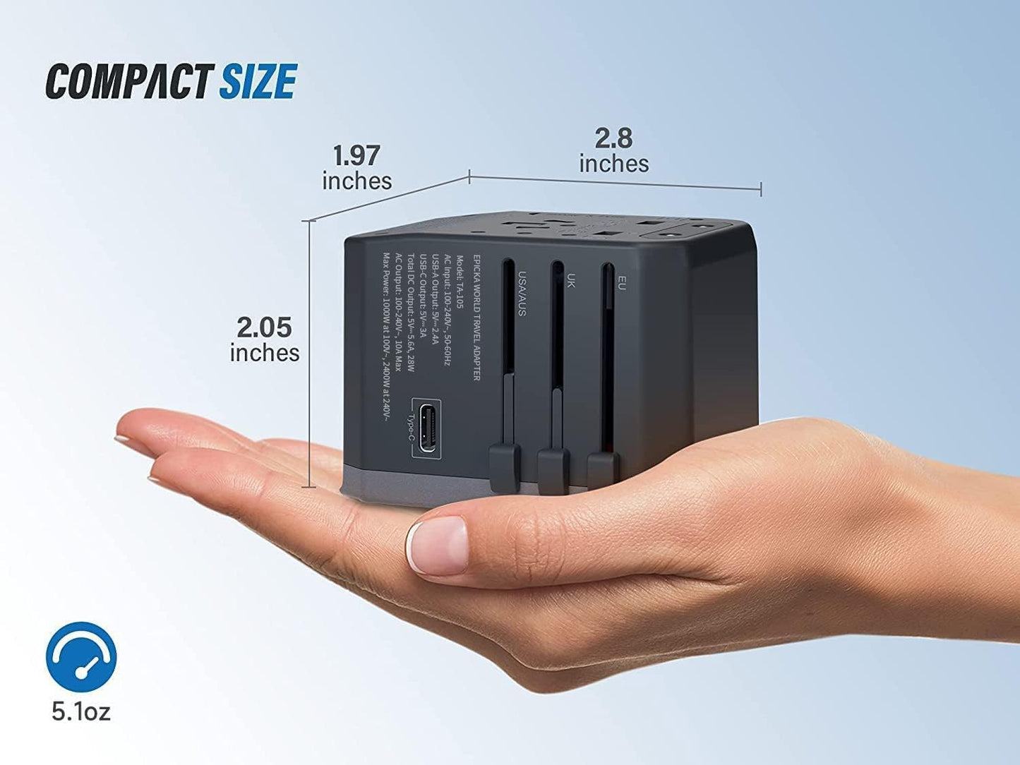 EPICKA Universal Travel Adapter with 1AC/1 USB-C/4 USB-A Ports | Travel Plug Adapter for EU/US/UK/AUS, Supports Charging for Multi-Device, Not A Voltage Converter, TA-105, Grey