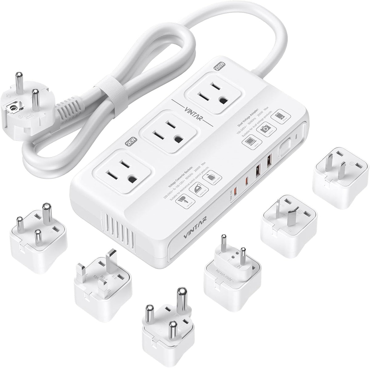VINTAR 220V to 110V Converter, 2000W Travel Voltage Converter US to Europe | Universal Travel Adapter, 4 USB Ports(2 USB C), Step Down Transformer, Power Converter Adapter Combo for EU UK JP AU India SA