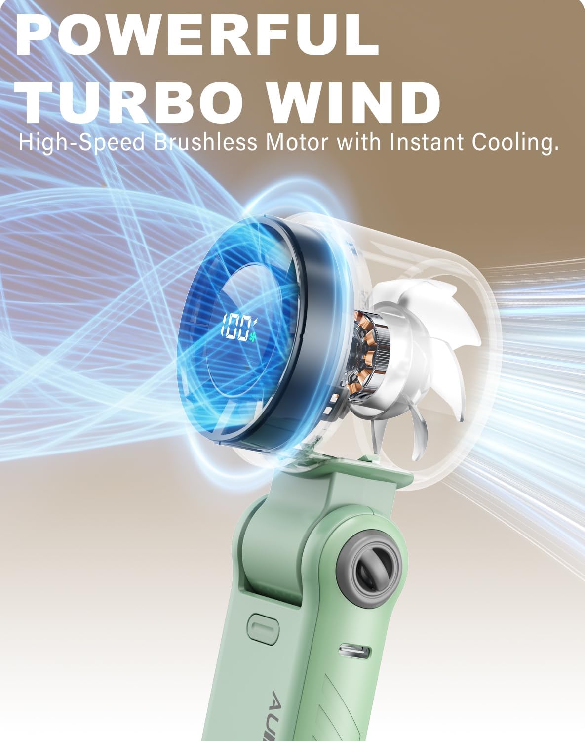 Portable Handheld Turbo Fan - 5 Speed Mini Personal Fan with Strong Airflow, Foldable 3 in 1 Rechargeable Battery Operated Trave Essentials Hand Fans for Indoor/Outdoor Use, Green