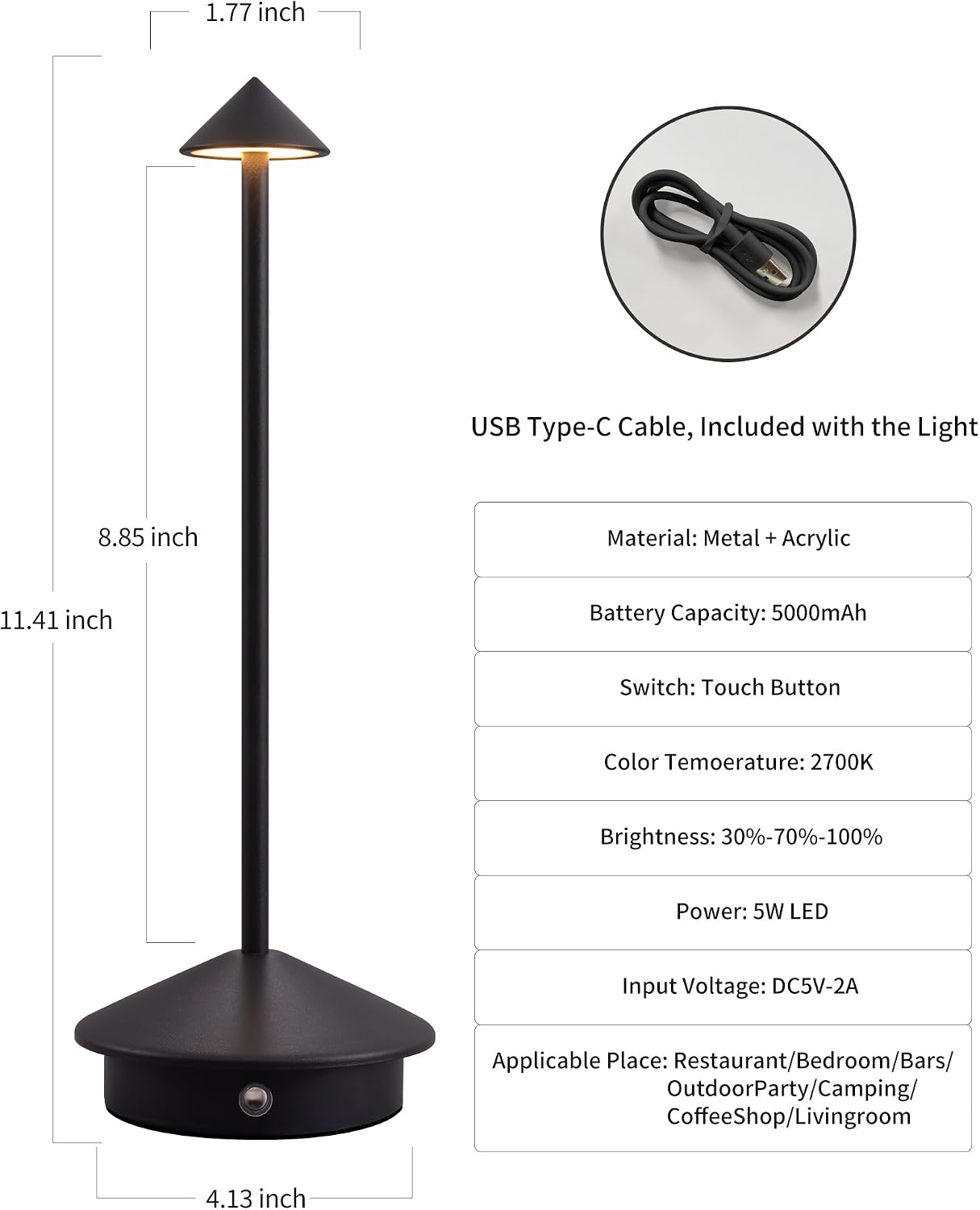 Modern Cordless Table Lamp Set of 2, Black Portable LED Desk Lamps | 5000mAh, Rechargeable, Battery Operated Lighting for Bedroom, Dining Room, Restaurant, Coffee Shop, Camping, Night Light