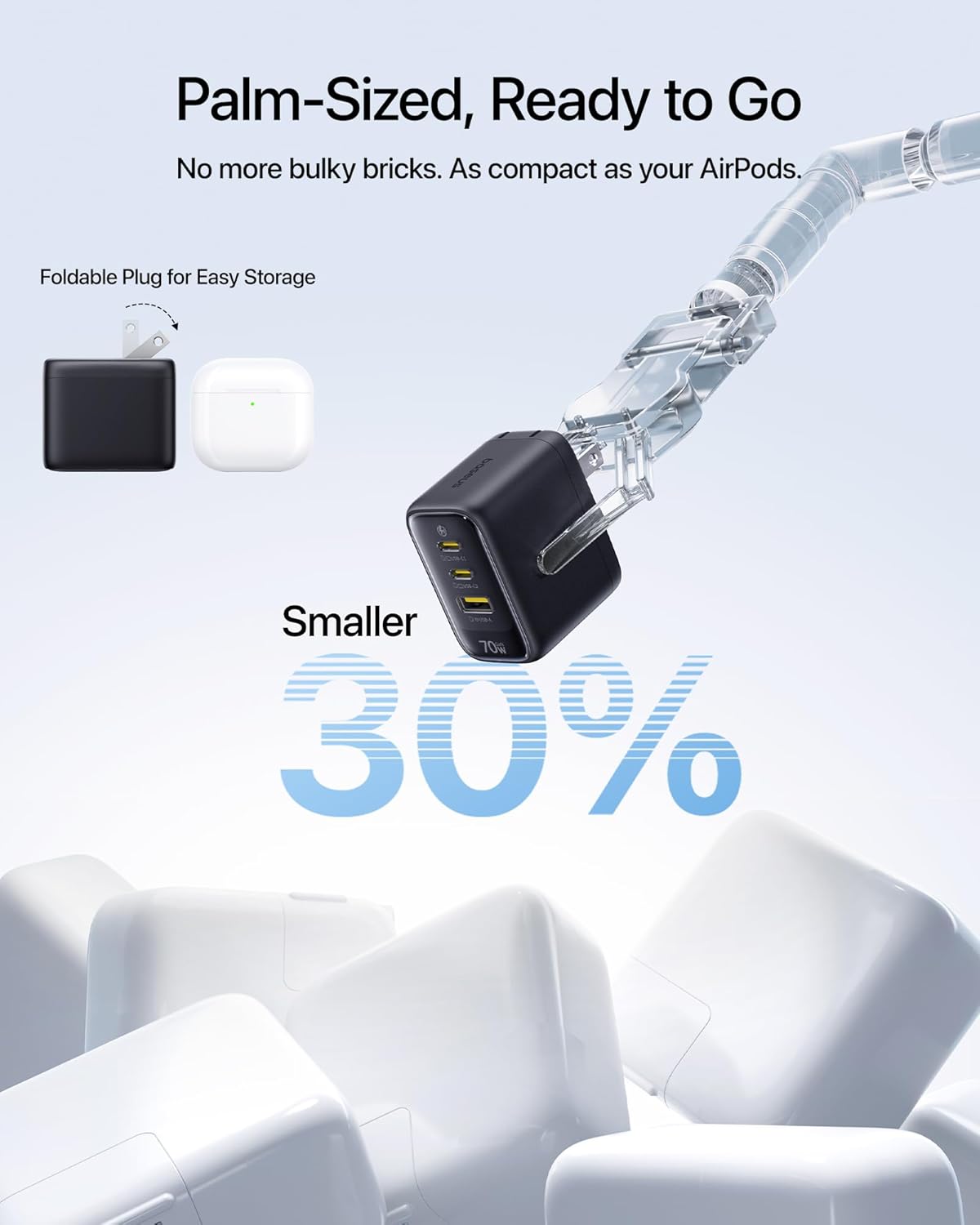 Baseus Enerfill 70W USB C Charger, Fast Charging Block with Foldable Plug | 3 Port GaN Wall Brick Charger Type C for MacBook Pro, iPad Pro, iPhone 17/16/15 Series, Galaxy S25/24, Airpods 4 & More