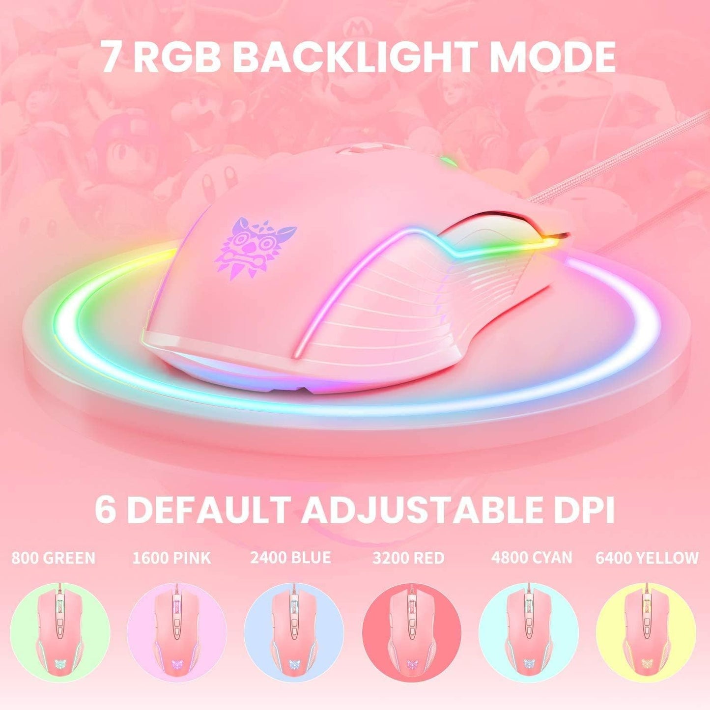 RGB Gaming Mouse Wired, 6400 DPI & 7 Buttons, Pink | USB optical mouse - 6 adjustable DPI levels & 7 programmable buttons, ergonomic design for laptop/Windows PC/Vista/Linux/Mac