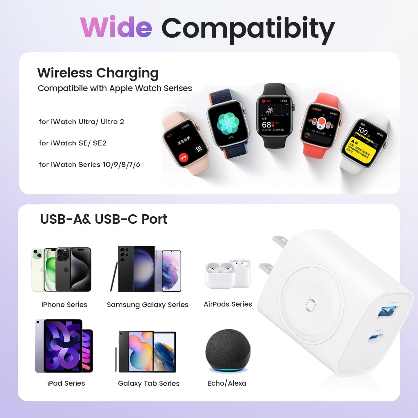 TOPADRE PD 20W USB C Charger Block for Apple Watch, White | 3-in-1 Charging Station with Built-in Wireless Charger, Dual Ports Compatible with Apple Watch, iPhone, AirPods