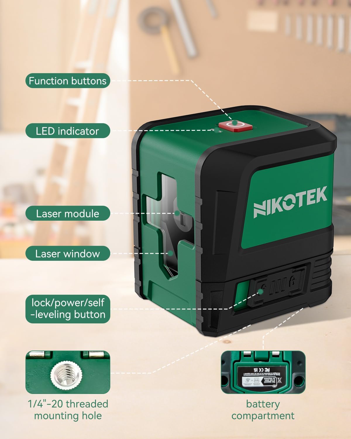 Laser Level, Self-leveling Green Line Laser With Horizontal and Vertical Lines for Construction and Picture Hanging, Battery Included (NK01G)