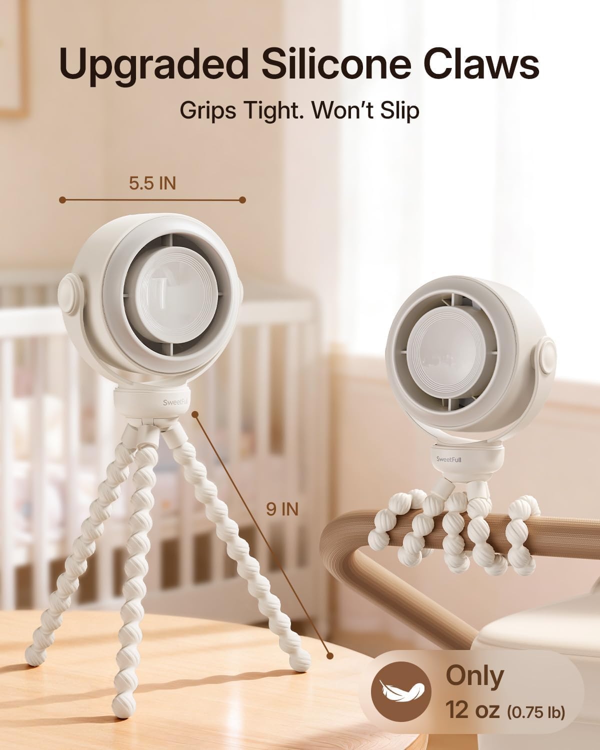 SWEETFULL Portable Stroller Fan, Pinch-Proof Baby Fan - Cream | Wide Turbine Airflow; Safe Design; LED Display; 5-Speed; 30dB Quiet; USB-C Rechargeable; Mini Clip On Fan for Car Seat & Bed
