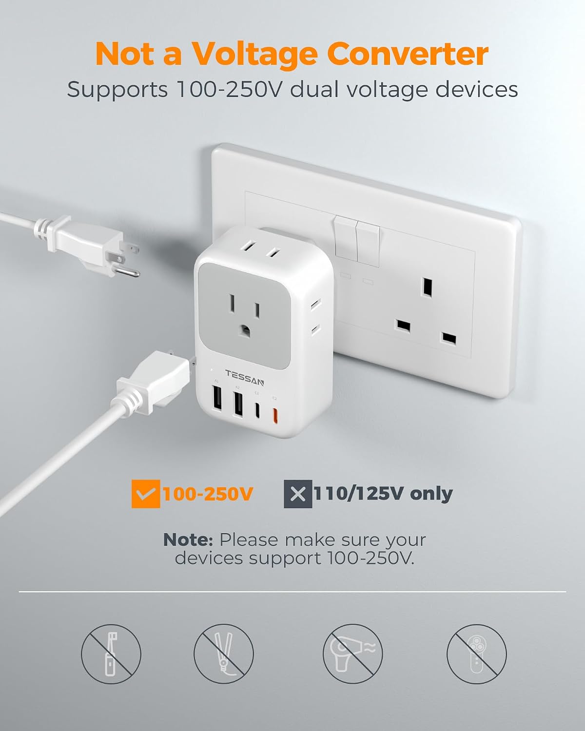 TESSAN Type G Adapter for Travel 2 Pack, PD 20W US to UK Plug Adapter | 4 AC Outlets, 4 USB Ports (2 USB C), Ireland Power Adaptor, USA to England London British Scotland Dubai Hong Kong Kenya