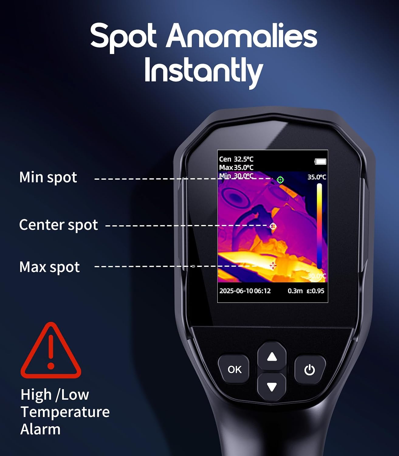 Thermal Camera, 240 x 240 TISR Resolution for Home Inspection | 25Hz Refresh Rate , -4°F to 1022°F Temp Range with High/Low Temperature Alarm, 50°FOV Handheld Thermal Imaging Camera