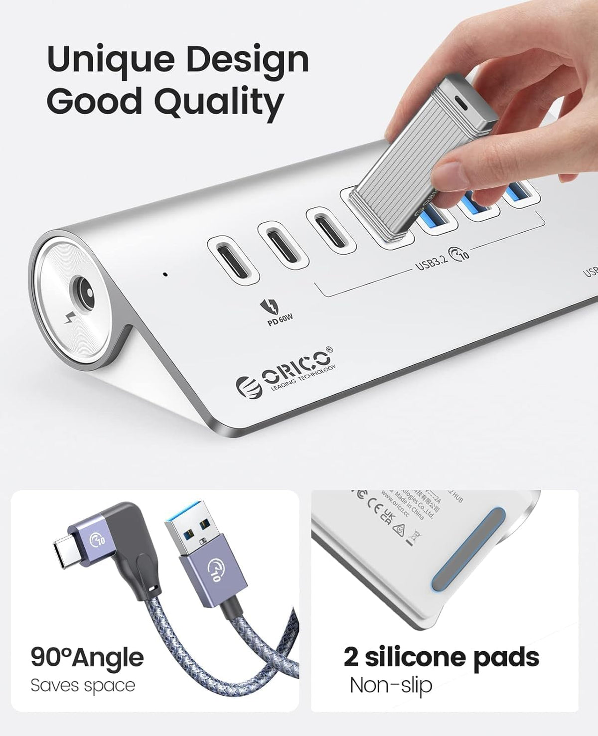 ORICO 7-Port USB 3.2 Gen2 Hub, Powered USB 3.2 Hub with 4 USB-A, 2 USB-C, PD 60W, 72W Power Adapter, 10Gbps Aluminium USB-Splitter with 3.28Ft USB-C to USB-C Cable for iMac, MacBooks, Mac mini