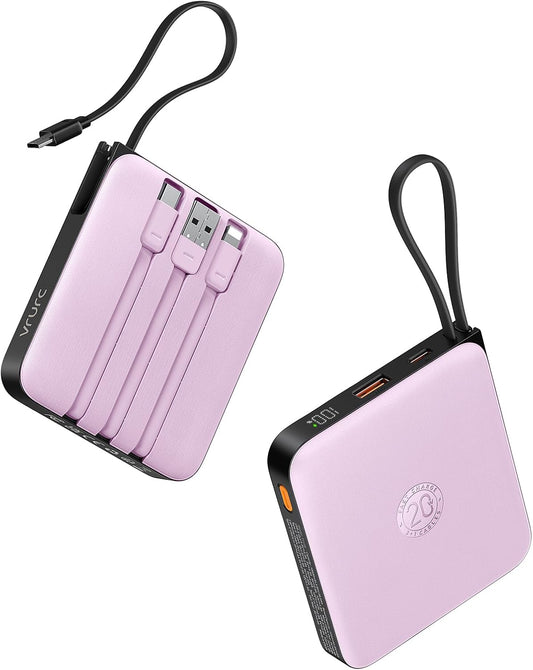 VRURC Portable Charger 10000mAh Battery Pack, Cell Phone Power Bank, Purple | Built-in Cables, 22.5W Fast Charging, Slim, Travel Essentials, Airline-Approved, for iPhone 17/16/15 Series, Samsung Android