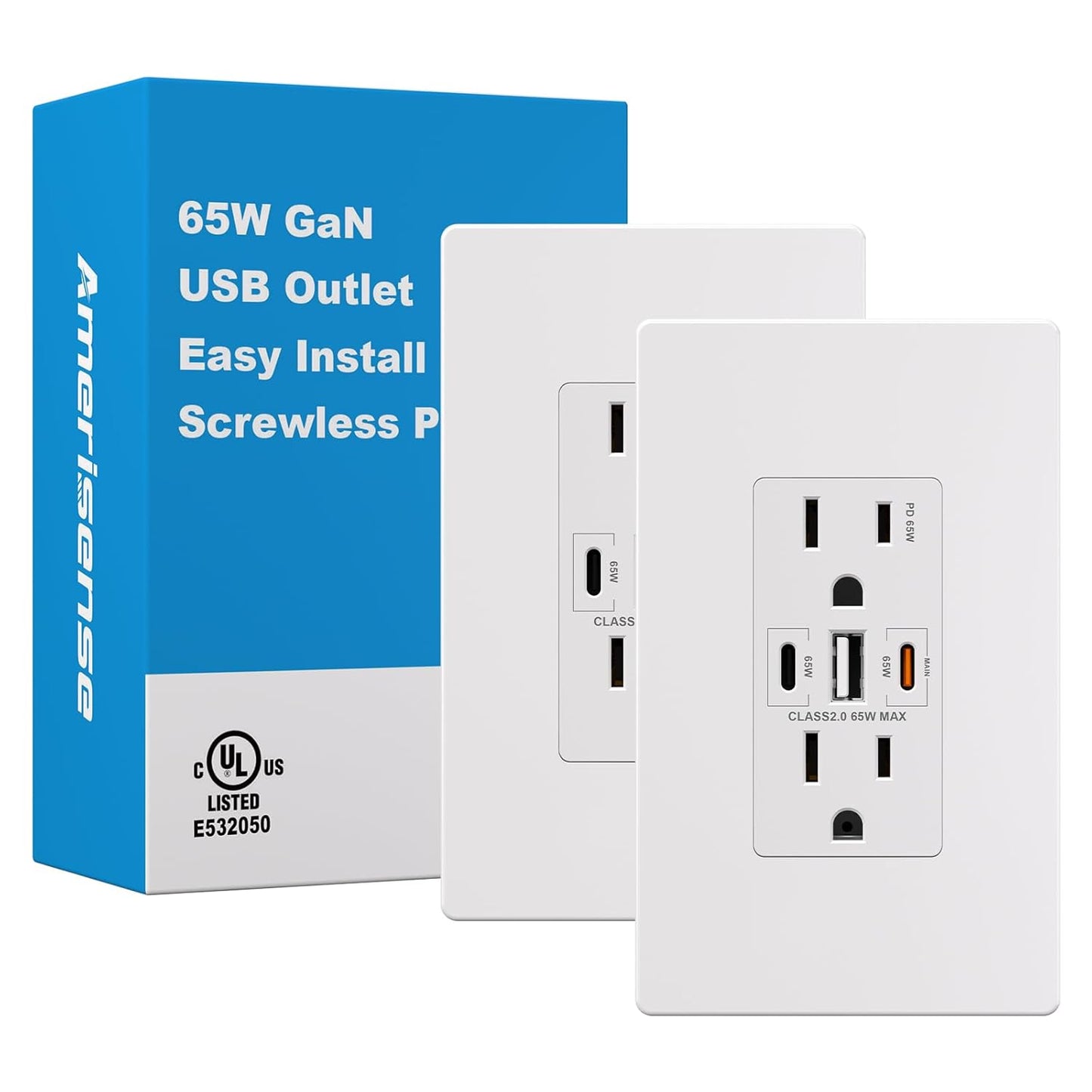 [Upgraded] Amerisense GaN 65W 6Amp 3-Port USB Wall Outlet, 15 Amp Tamper-Resistant Receptacle with 2 USB Type C & 1 Type A Port, USB Charger USB-C with Wall Plated for Phone/Tablet/Laptop,UL Listed