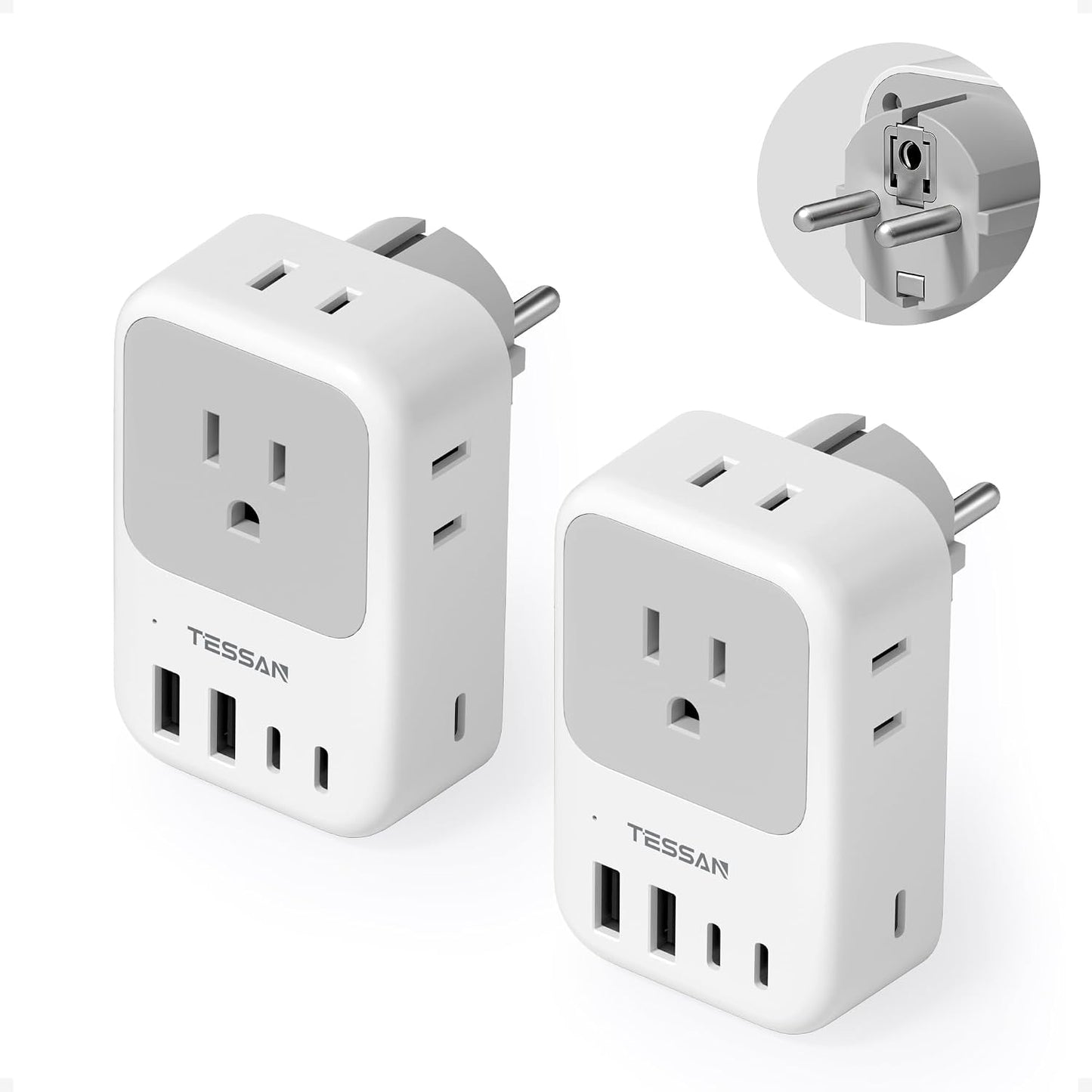 TESSAN Type F Plug Adapter 2 Pack, 28W Germany France Travel | 4 Outlets 5 USB Ports (3 USB-C), Type E Power Adaptor, US to Europe Spain Iceland Greece South Korea Russia Norway