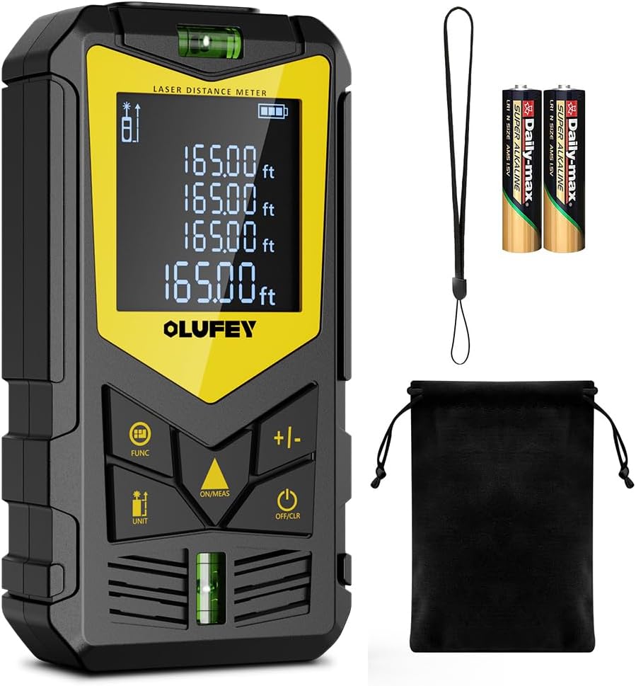 Laser Measure, OLUFEY 165ft Laser Distance Meter with 2 Bubble Levels, Black LCD Display and Pythagorean Mode, Measure Distance, Area and Volume