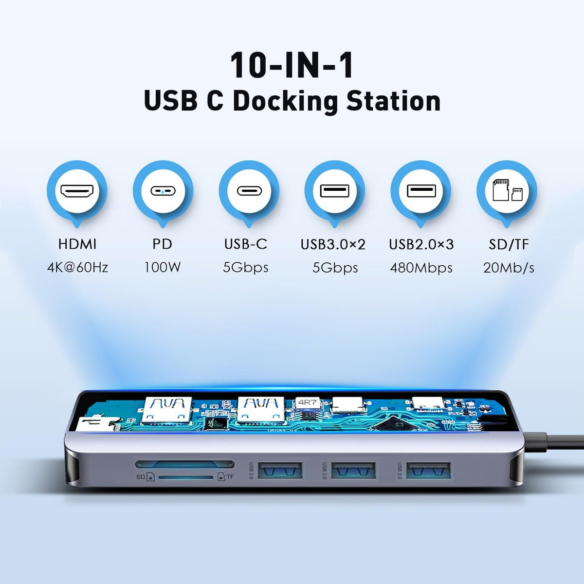 USB C Hub 10-in-1 with 4K HDMI Adapter, SD/TF Card Reader, 100W PD Charging, 2 USB 3.0 Ports, and 3 USB 2.0 Ports for MacBook Pro/Air, Dell XPS, Lenovo ThinkPad, etc.