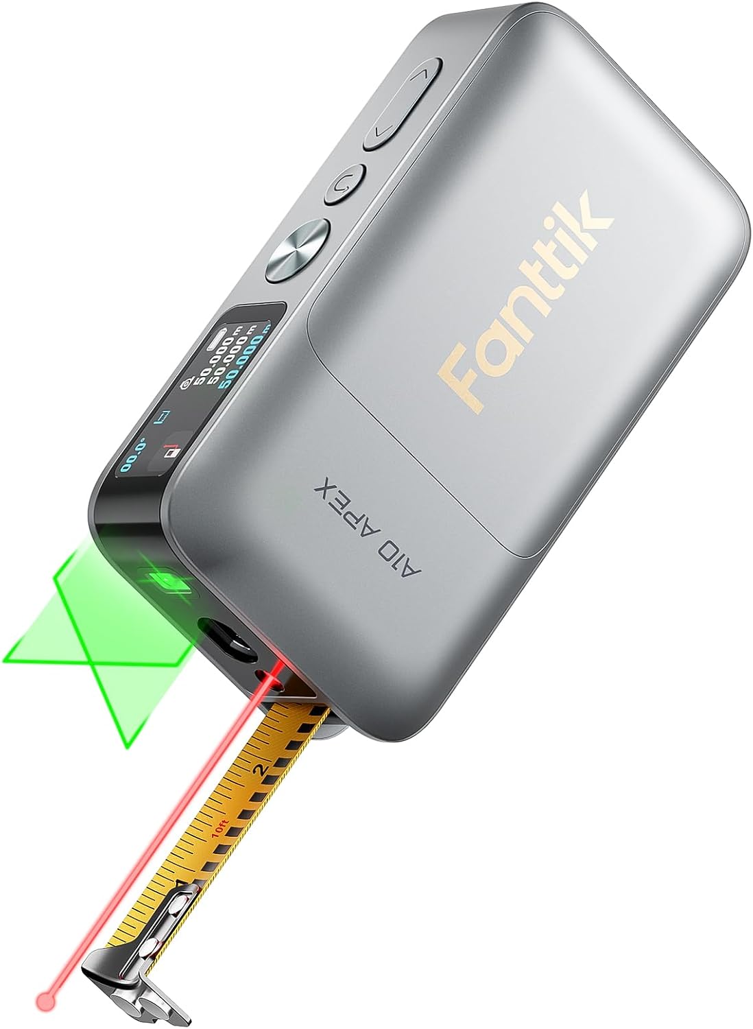 Fanttik A10 Apex 3-in-1 Digital Laser Tape Measure with Cross Line Laser | 165Ft Rechargeable Laser Measurement & 32Ft Green Cross Line Laser & 9.8Ft Tape, 6 Units, for Distance/Area/Volume/Leveling