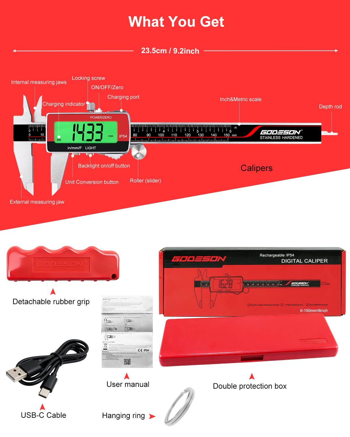 GODSEON 6" Digital Caliper, USB-C Rechargeable Backlight LCD ±0.001" Accuracy, Inch/mm/Fraction Units 5 Modes Auto-Off, Stainless Steel Calipers for DIYers Woodworkers Jewelers, 3D Printing