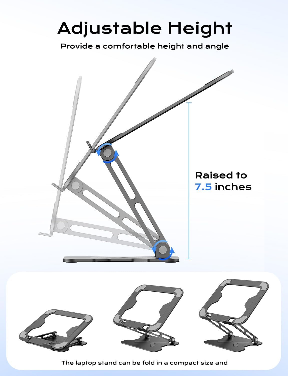 JCZT Adjustable Laptop Stand for Desk, Metal Foldable Laptop Riser, Black | Ergonomic Portable Laptop Stand, Ventilated Cooling Computer Notebook Holder for MacBook Air Pro, All 10-16'' Laptops