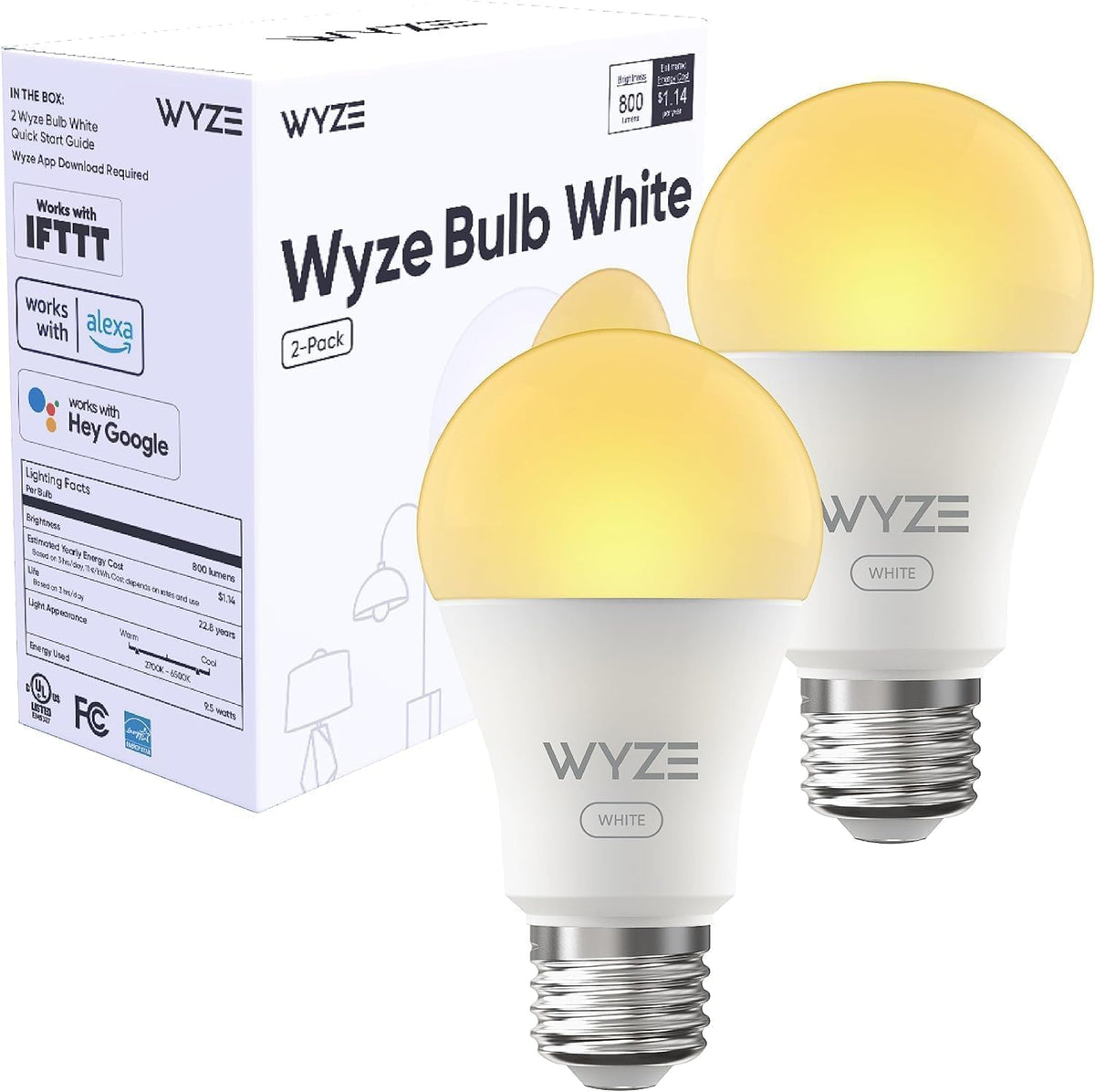 Wyze Lifestyle 800LM A19 Tunable Smart Light Bulb White, 2-Pack