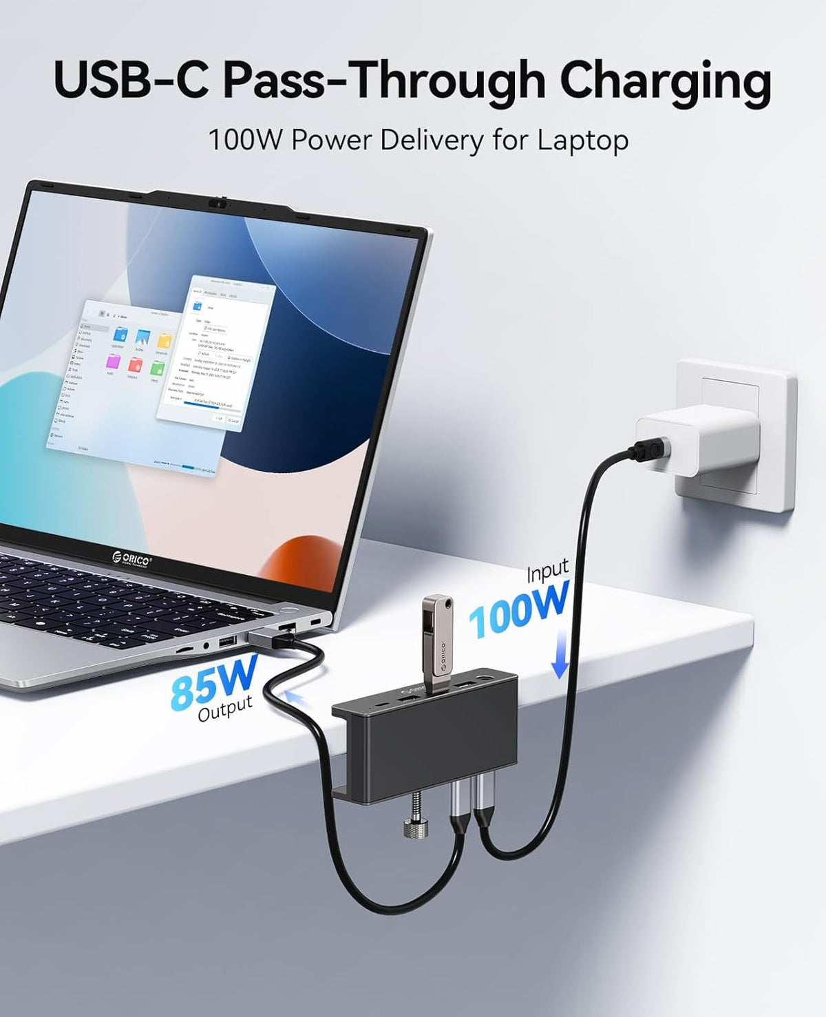 ORICO Clip Docking Station, 8-in-1 Clamp USB C Hub with 4K@60Hz HDMI, 100W PD, Gigabit Ethernet, 4xUSB Port, AUX, 10Gbps Clamp Docking Station for Laptop, MacBook, PC (Adapter Not Included)