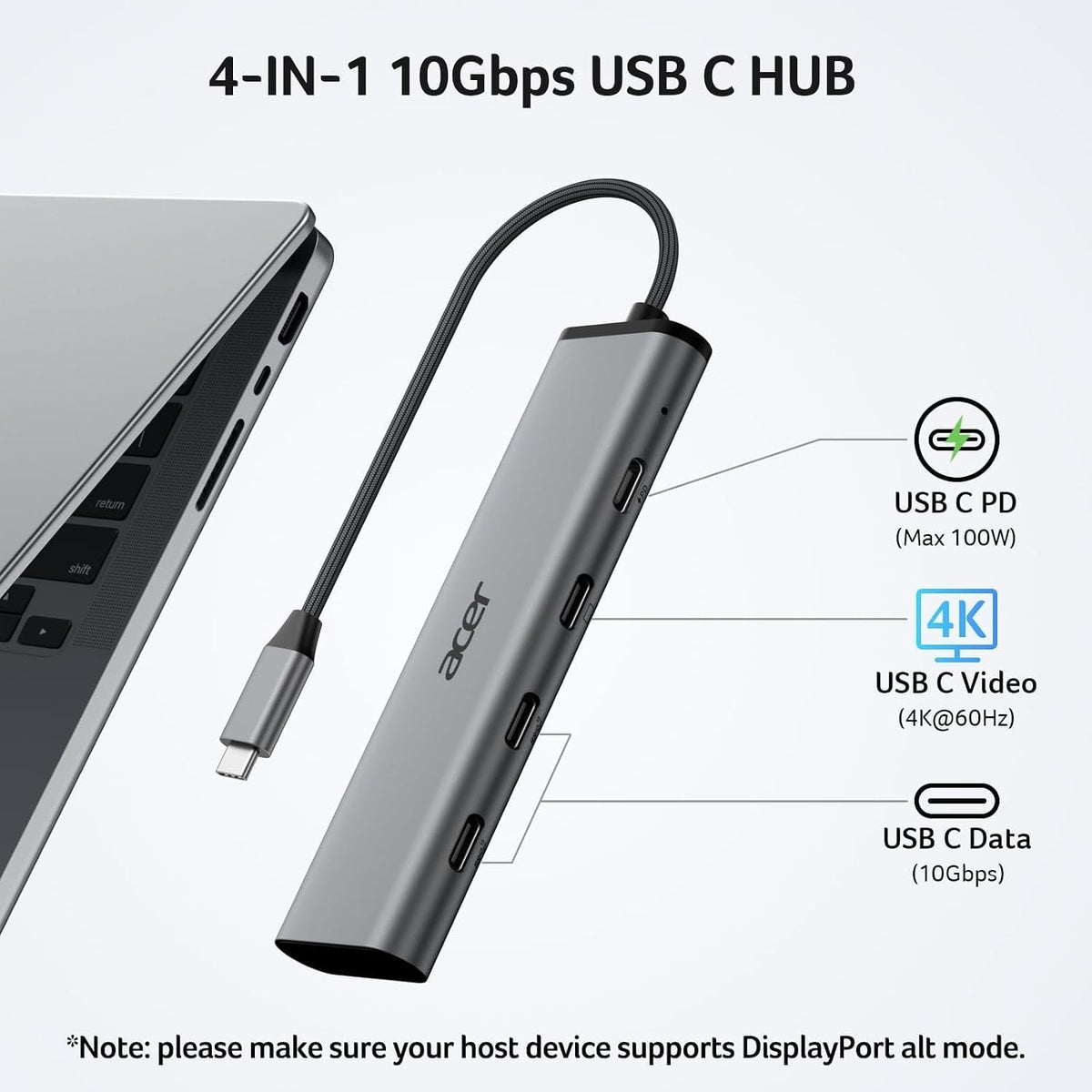 Acer 10Gbps USB C Hub with 4K@60Hz USB-C Display Output for Laptop
